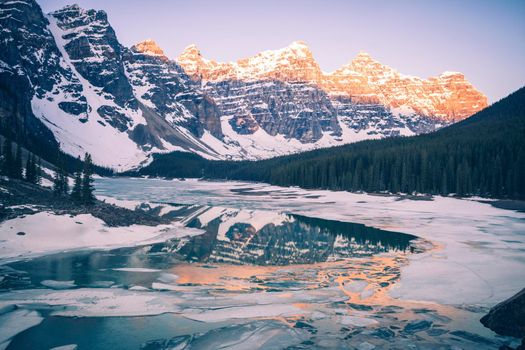 Frozen Moraine Lake in Banff National Park. Banff National Park,Alberta, Canada.