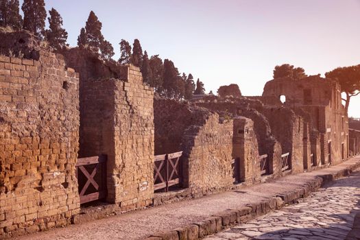 Ruins of Herculaneum at sunset. Ercolano, Campania, Italy