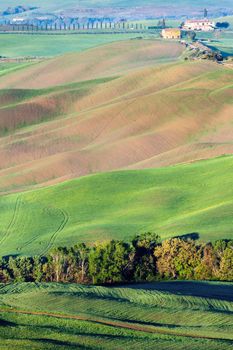 Tuscany landscape - aerial panorama seen during spring. Tuscany, Italy