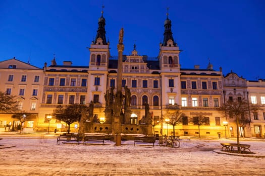City Hall and Plague Column on Pernstynske Square in Pardubice. Pardubice, Bohemia, Czech Republic.