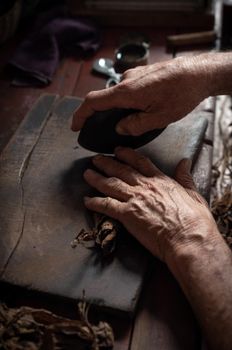 Cigar rolling or making by torcedor in cuba, Pinar del rio province