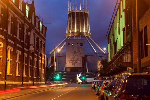 Liverpool Metropolitan Cathedral seen at night. Liverpool, North West England, UK.