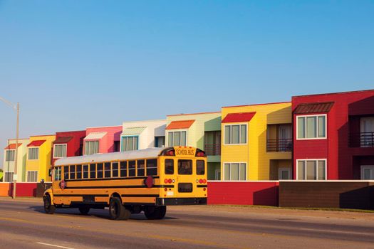 Colorful apartments by the beach in Galveston, Texas. Galveston, Texas, USA.