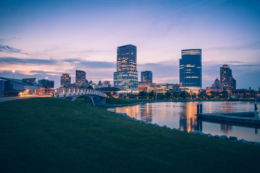 Panorama of Milwaukee at night. Milwaukee, Wisconsin, USA.