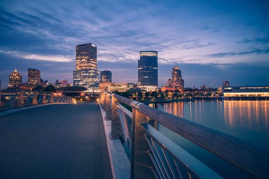 Panorama of Milwaukee at night. Milwaukee, Wisconsin, USA.