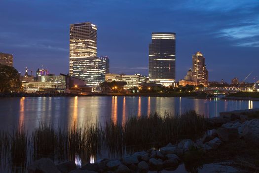 Panorama of Milwaukee at night. Milwaukee, Wisconsin, USA.
