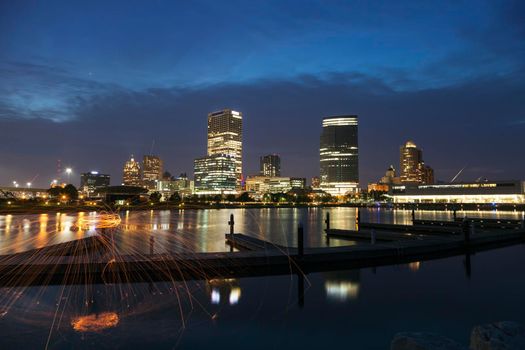 Panorama of Milwaukee at night. Milwaukee, Wisconsin, USA.