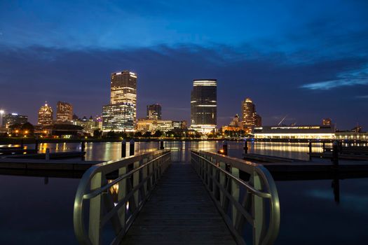 Panorama of Milwaukee at night. Milwaukee, Wisconsin, USA.