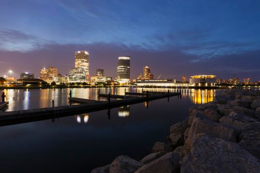 Panorama of Milwaukee at night. Milwaukee, Wisconsin, USA.