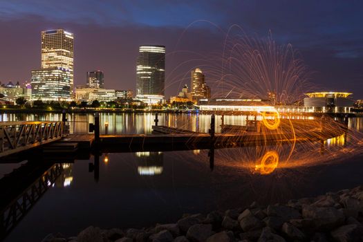 Panorama of Milwaukee at night. Milwaukee, Wisconsin, USA.