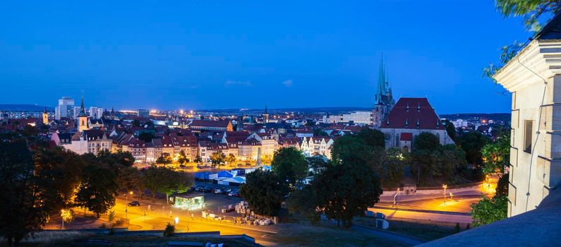 Panorama of Erfurt with St Mary Cathedral at evening. Erfurt, Thuringia, Germany.