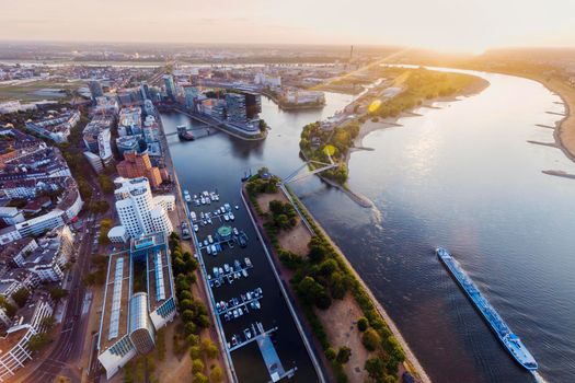 Aerial panorama of Dusseldorf at sunset. Dusseldorf, North Rhine-Westphalia, Germany.