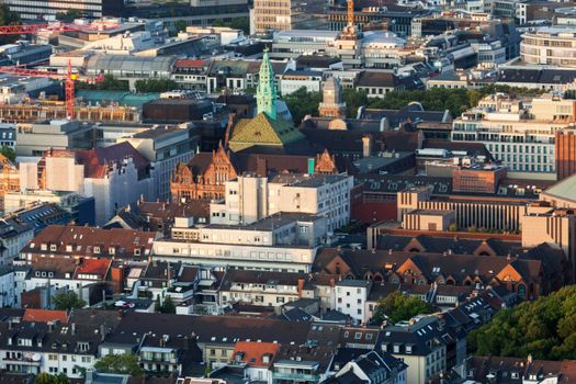Aerial panorama of Dusseldorf at sunset. Dusseldorf, North Rhine-Westphalia, Germany.