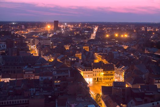 Aerial panorama of Hasselt at night. Hasselt, Flemish Region, Belgium.