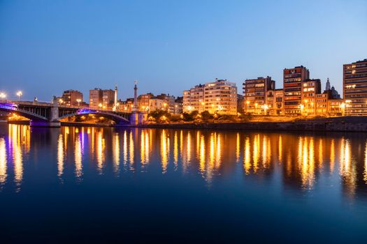 Panorama of Liege along Meuse River seen at evening. Liege, Wallonia, Belgium.