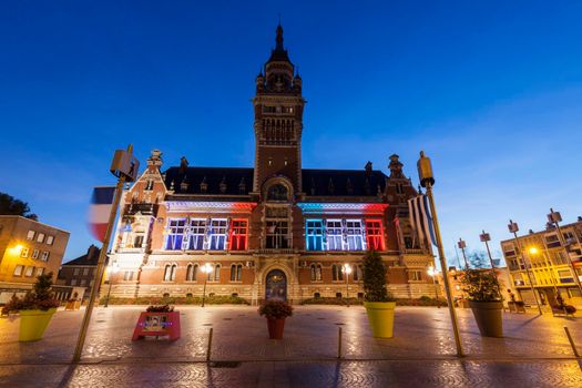 Dunkirk City Hall at night. Dunkirk, Hauts-de-France, France.