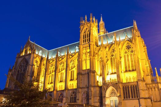 Cathedral of Saint Stephen in Metz illuminated at night. Metz, Grand Est, France.