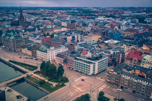 Aerial panorama of Malmo at dusk. Malmo, Scania, Sweden.