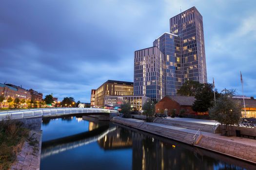 Panorama of Malmo at night. Malmo, Scania, Sweden.