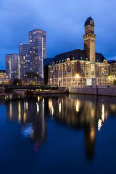 Panorama of Malmo at night. Malmo, Scania, Sweden.