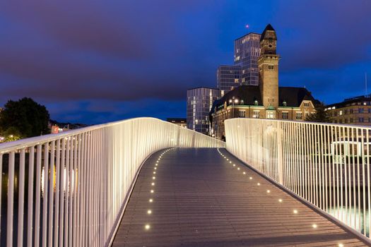 Pedestrian bridge in Malmo at night. Malmo, Scania, Sweden.