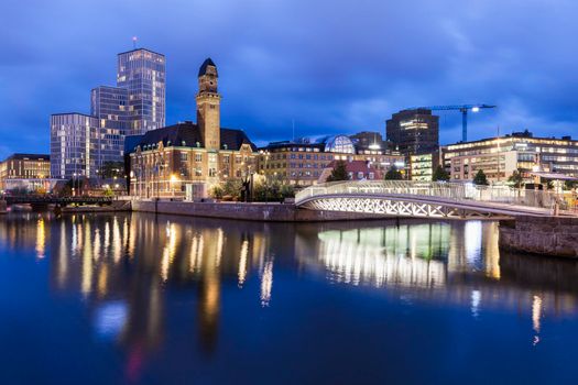 Panorama of Malmo at night. Malmo, Scania, Sweden.