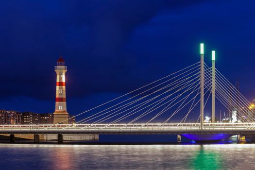 Lighthouse in Malmo at night. Malmo, Scania, Sweden.
