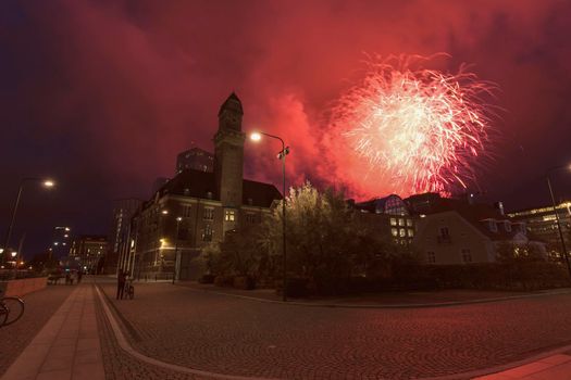 Fireworks in the center of Malmo. Malmo, Scania, Sweden.
