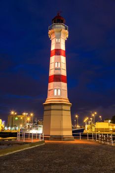 Lighthouse in Malmo at night. Malmo, Scania, Sweden.