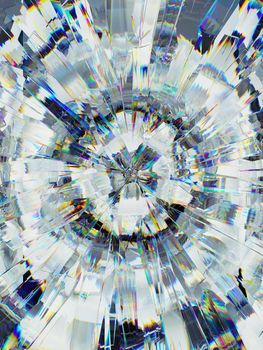 diamond structure extreme closeup and kaleidoscope. top view of round gemstone 3d render, 3d illustration