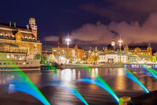 Panorama of Malmo at night. Malmo, Scania, Sweden.