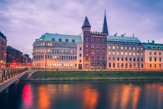 Panorama of Malmo at dusk. Malmo, Scania, Sweden.