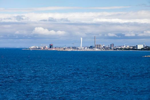 Panorama of Malmo from Oresund Bridge. Malmo, Scania, Sweden.