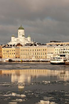 Lutheran Cathedral in Helsinki seen from the ferry on Baltic Sea