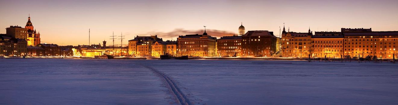 Panorama of Helsinki seen from frozen Baltic Sea. Helsinki, Finland.