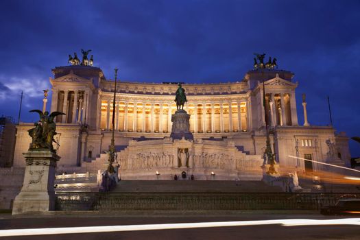Victor Emmanuel II monument in Rome - seen at night. Rome, Lazio, Italy.