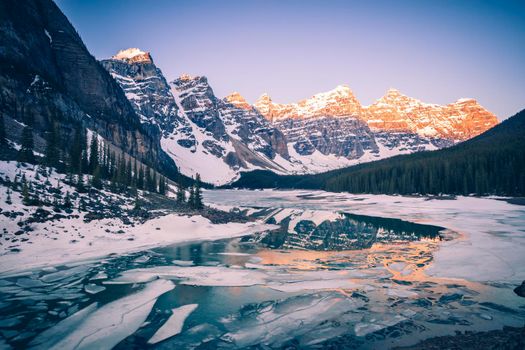Frozen Moraine Lake in Banff National Park. Banff National Park,Alberta, Canada.