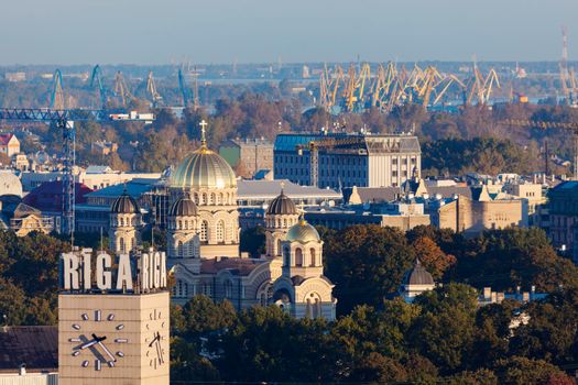 Aerial panorama of downtown Riga. Riga, Latvia.