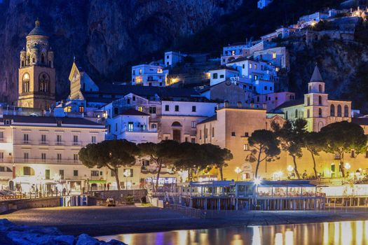 Panorama of Amalfi at night. Amalfi, Campania, Italy.