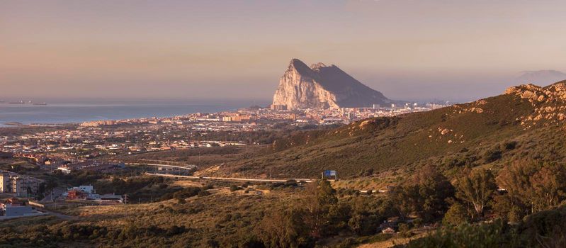 Panorama of Gibraltar seen from La Linea de la Concepcion. La Linea de la Concepcion, Andalusia, Spain.