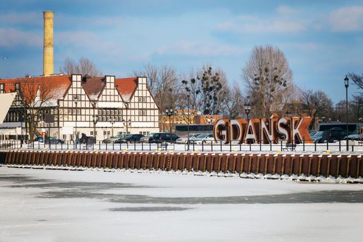 Gdansk sign in the old town. Gdansk, Pomerania, Poland.