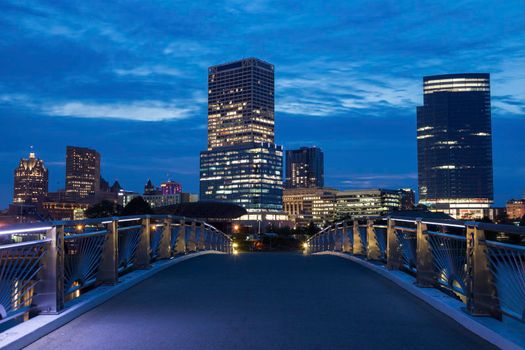 Panorama of Milwaukee at night. Milwaukee, Wisconsin, USA.