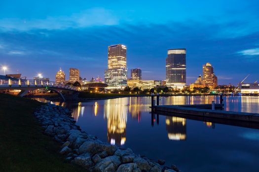 Panorama of Milwaukee at night. Milwaukee, Wisconsin, USA.