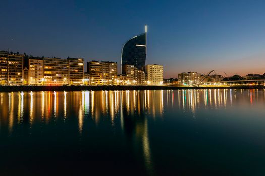 Panorama of Liege along Meuse River seen at evening. Liege, Wallonia, Belgium.