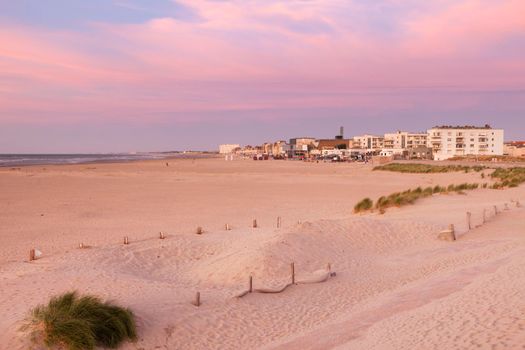 Beach in Dunkirk at sunset. Dunkirk, Hauts-de-France, France.