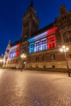 Dunkirk City Hall at night. Dunkirk, Hauts-de-France, France.
