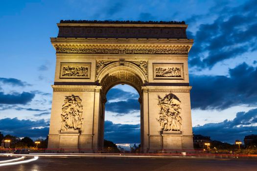 Arc de Triomphe in Paris seen at night. Paris, Ile-de-France, France.