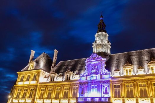 Reims City Hall at night. Reims, Grand Est, France.