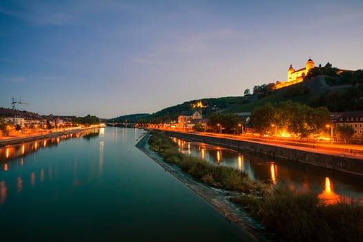 Panorama of Wurzburg at night. Wurzburg, Bavaria, Germany.