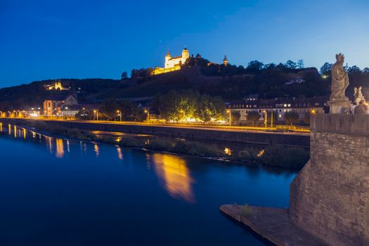 Panorama of Wurzburg at night. Wurzburg, Bavaria, Germany.